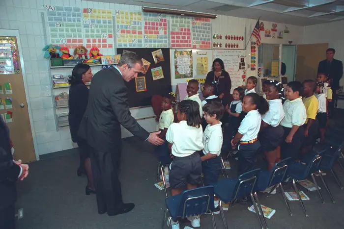 Bush at the  Emma E. Brooker Elementary School in Sarasota, Fla.</br>